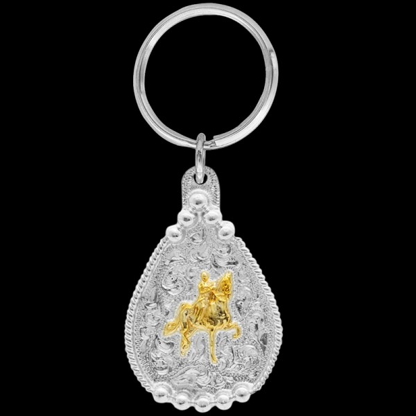 Gold Gaited Horse, This immaculate keychain includes a beautiful rope border, a gaited horse 3D figure, and a key ring attachment. Each silver key chain is built with ou